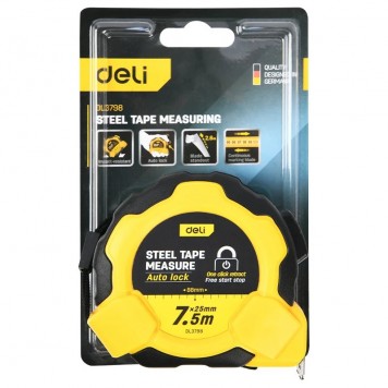 Рулетка DL3798 7,5мх25мм, Автостоп, ударопрочный корпус, метрическая Deli-10