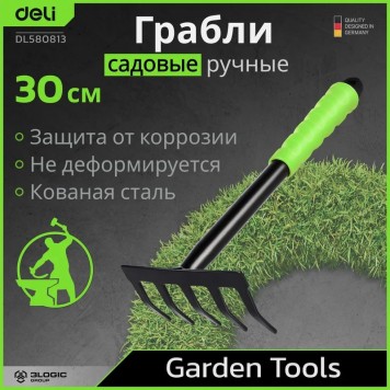 Грабли DL580813 садовые ручные пятизубчатые длина 30 см, защита от ржавчины и коррозии Deli-8