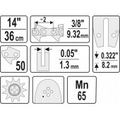 Шина YT-84930 для бензопил 14 3/8G 1,3 мм, 36 см, 50 звеньев YATO