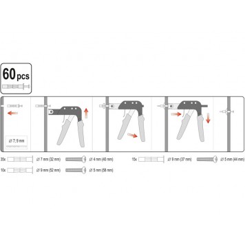 Пистолет YT-51451 для установки дюбелей Молли + 60 дюбелей YATO-3