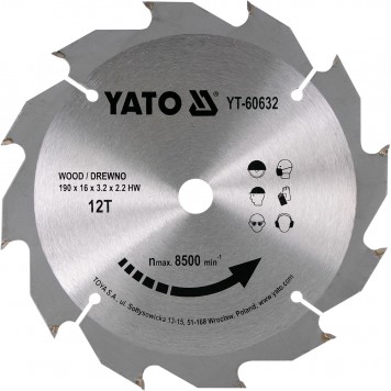 Диск YT-60632 с карбид вольфрамом 190х16 мм, 12 зубьев YATO