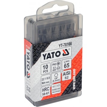 Бита YT-78166 двухсторонние 1/4X65 мм PH2-5,5 мм, 10 шт YATO
