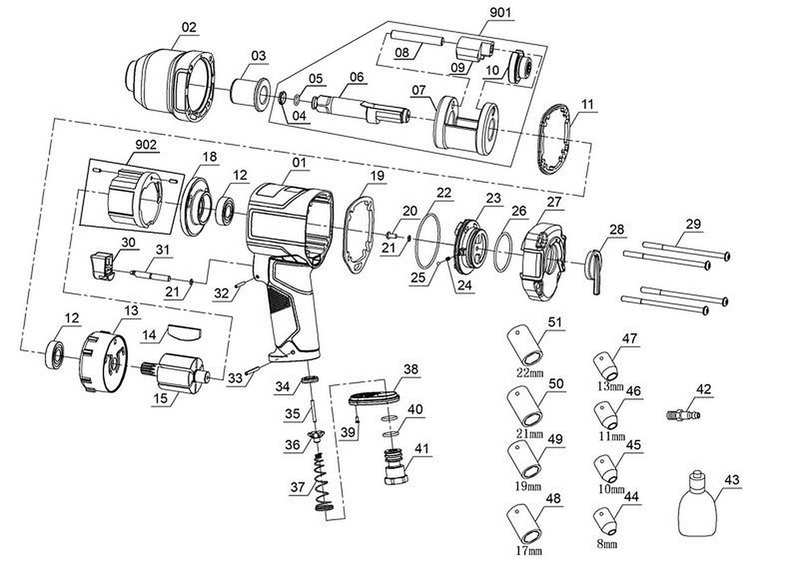 Запасные части и деталировка для гайковерта TC-PW 340 4138950 (Ident number 21022)